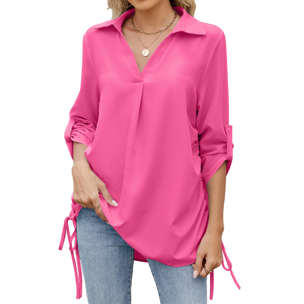 Luxury Designer Clothing European And American Solid Color Lapel Loose Middle Sleeve Chiffon Women's Shirt 2025 New Designer T-shirt