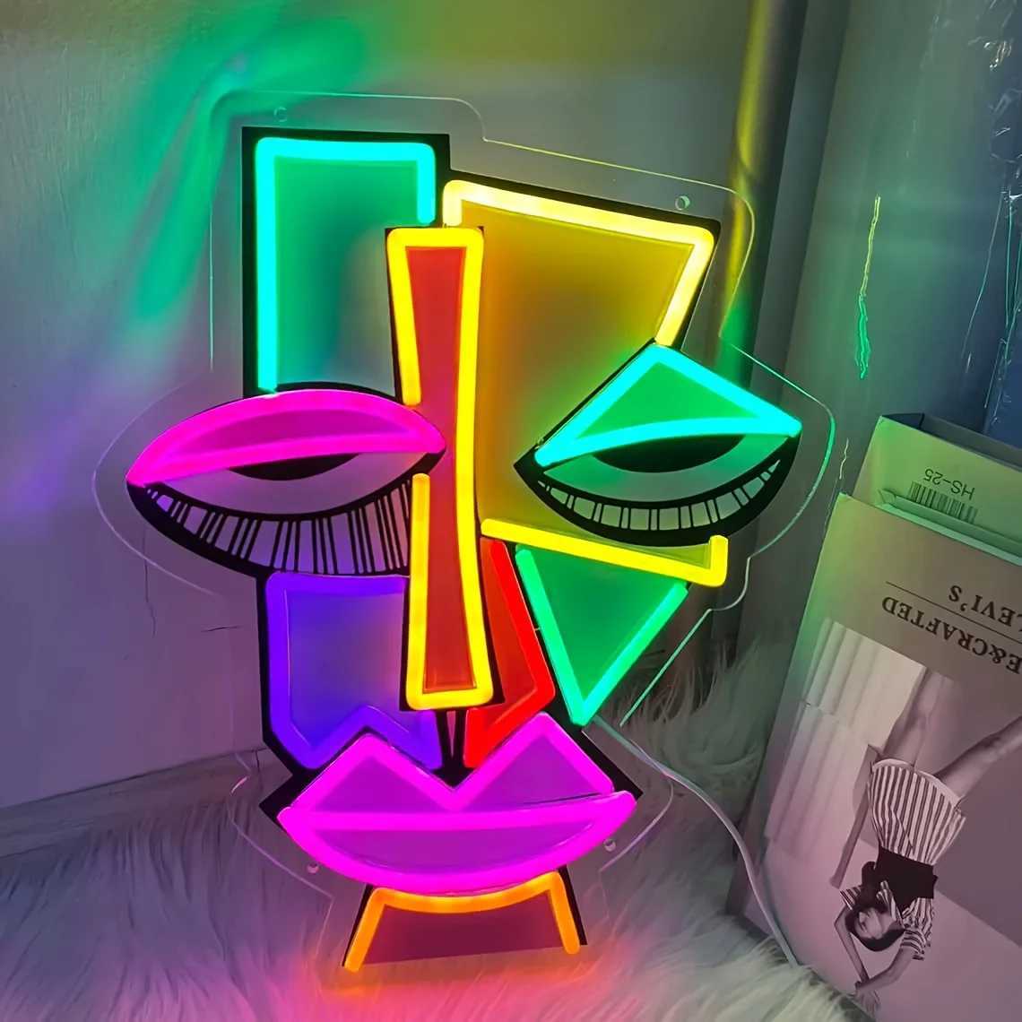 Abstract Face Neon Wall Decoration UV Printed Art Lighting for Bars Clubs Home Game Rooms and Offices Unique Birthday Gift Ideas XJ250602