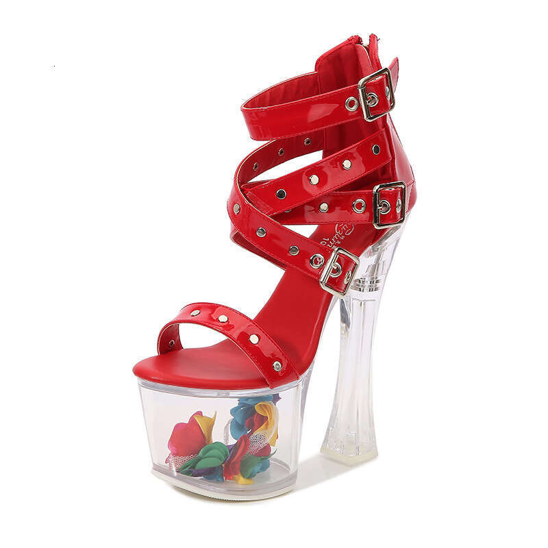 Super High Heels Rivet Back Strap Roman Sandals Transparent High 17Cm Chunky Heel Summer Thick Sole Waterproof Platform Platform High Heels