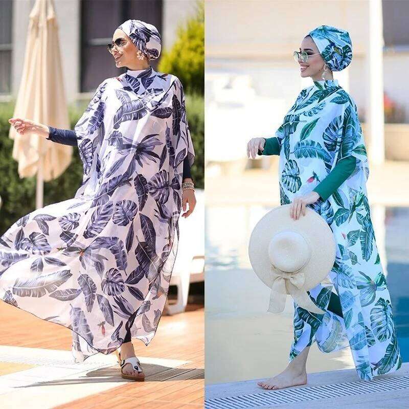 4 Pcs Women's Muslim Swimwear Digital Printed Lslamic Clothes Hijab Long Sleeves Sport Swimsuit Burkinis Wear Bathing Suit 4Xl