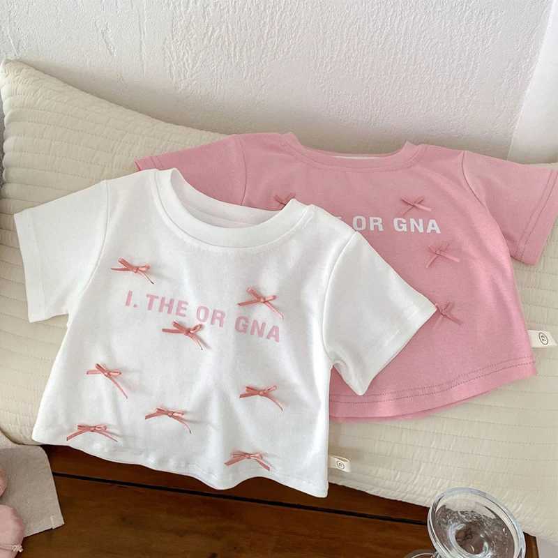 Childrens Girls T-Shirts Butterfly Knot Letter Printing Short Sleeve Top Kids Cotton Tees Clothes for Baby Girls 1 To 5 Years T250603