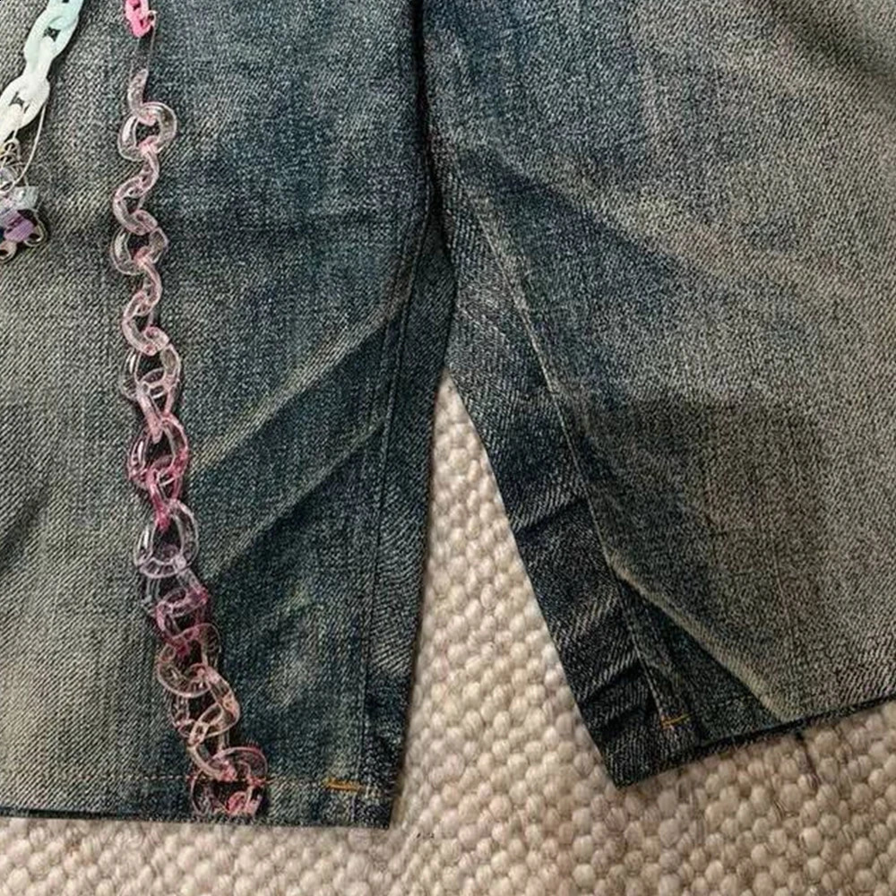 SS25 Candy Chain 3D Printed Vintage Aged Wide Leg Loose Fit Denim Shorts 250529