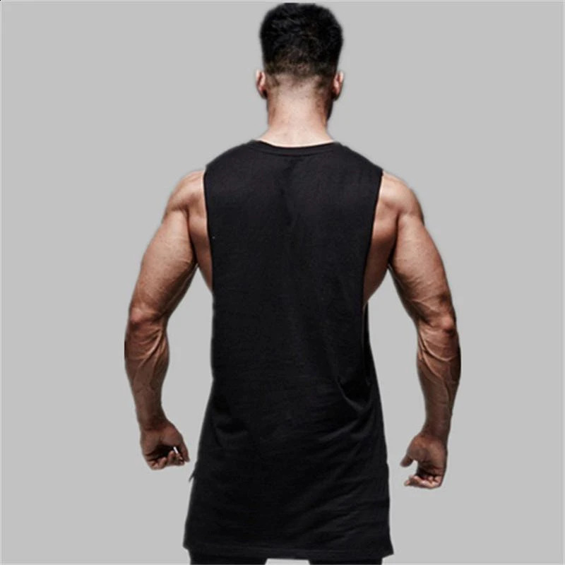 Mens Casual Gym Tank Top Summer Fitness Clothing Cotton Workout Sports Sleeveless Shirt Male Extend Long Singlet Hip Hop Vest 250527