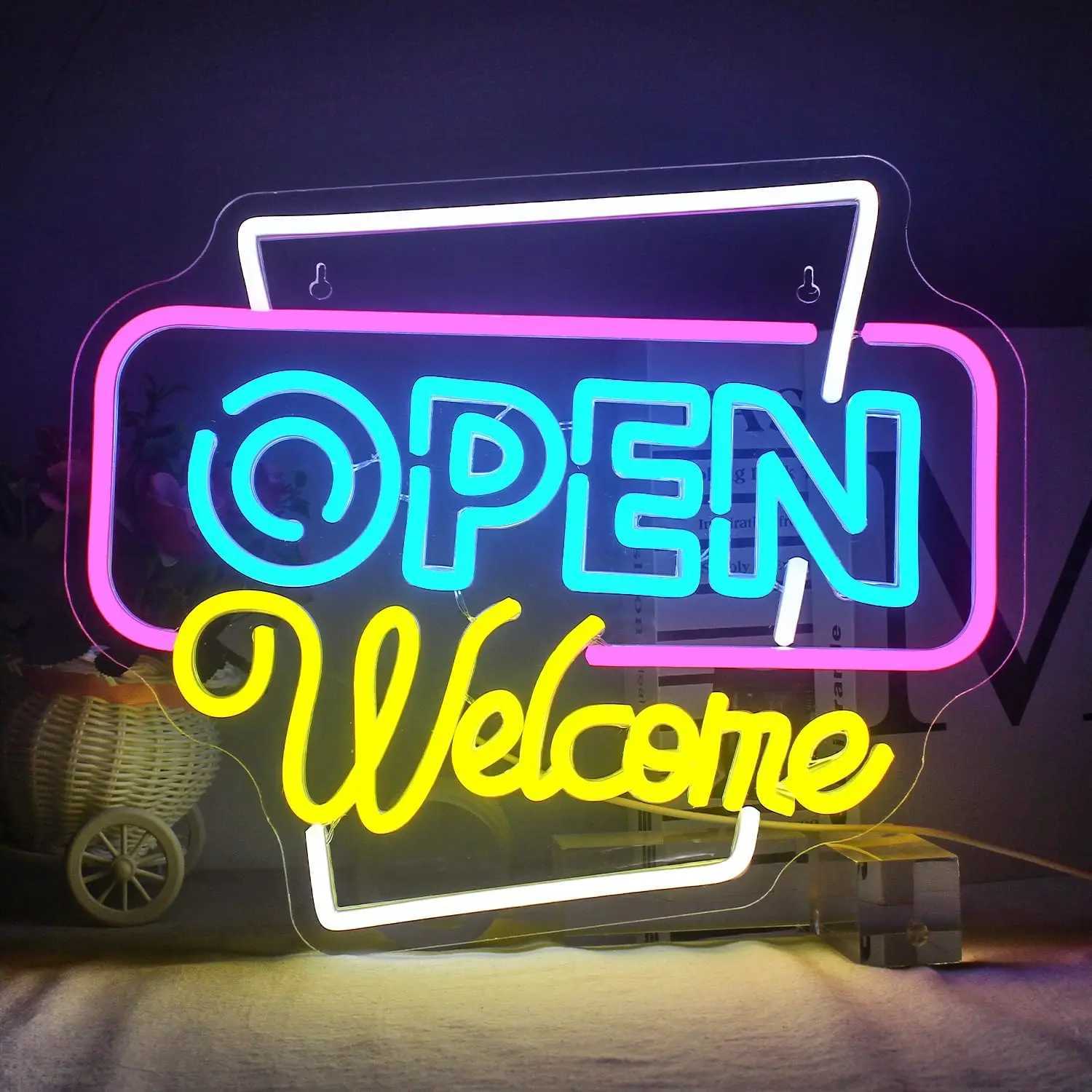 Open Welcome Neon Sign USB Dimmable LED Neon Light Sign for Business Store Window Party Bar Salon Coffee Shop Personalized Gift XJ250602
