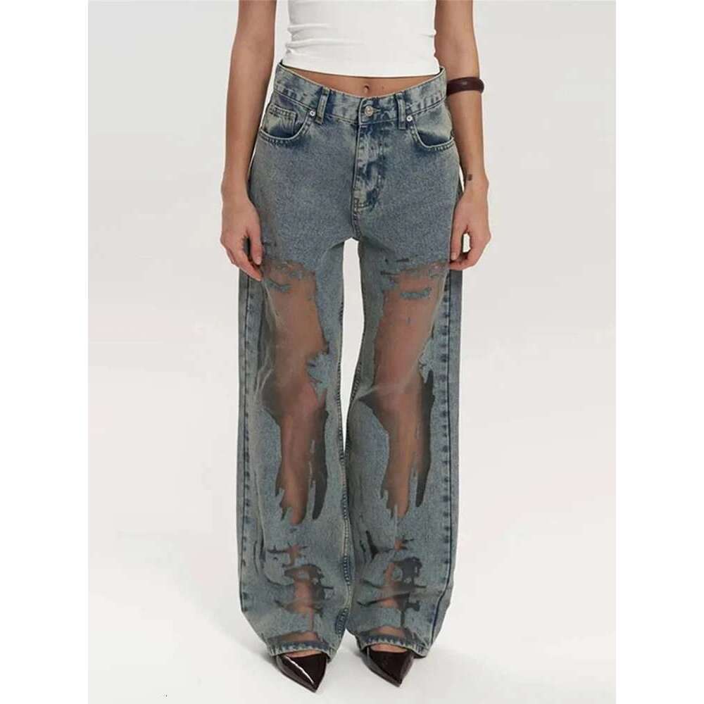 Y2k Cut-Out Gradient Woman's Pants Mesh Patchwork Low Rise Jeans For Women Baggy Wide Leg Dragging Vintage Denim Trousers
