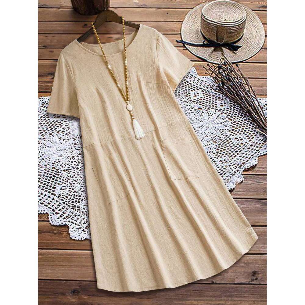 Spring Summer Loose Pocket Solid Color Round Neck Women's Cotton Linen Dress B5 b6