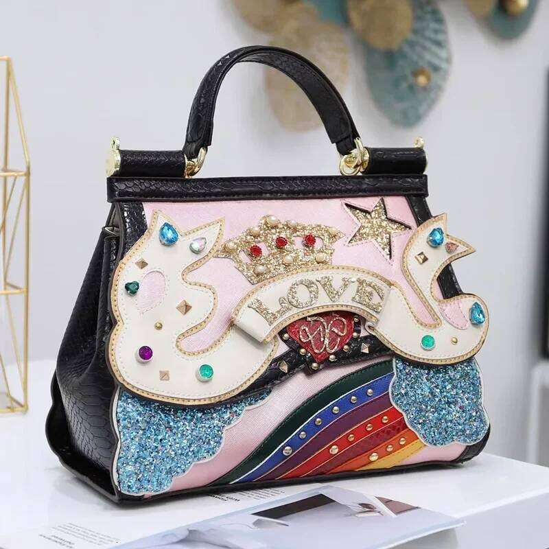 Women Leather Designer Purse Handbag Shoulder Bags Cross Body Bag Braccialini 3D Decoration Clouds Rainbow