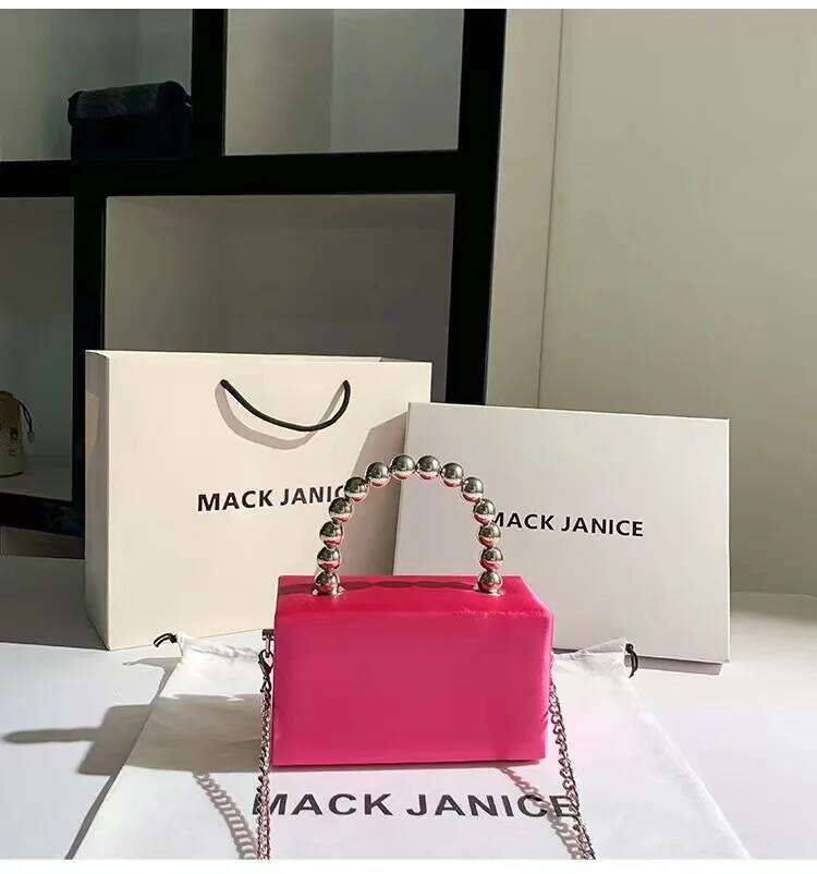 Hot Pink Satin Square Box Beaded Handle Women Handbag Crystal Shiny Dia Evening Wedding Party Clutch Purse Crossbody Bag