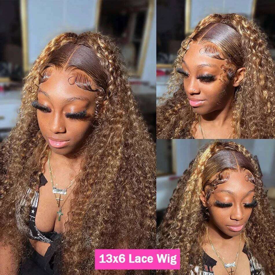 HD Transparent Highlight Honey Blonde Front Wigs For Women Curly Human Hair Deep Wave Lace Frontal Wig