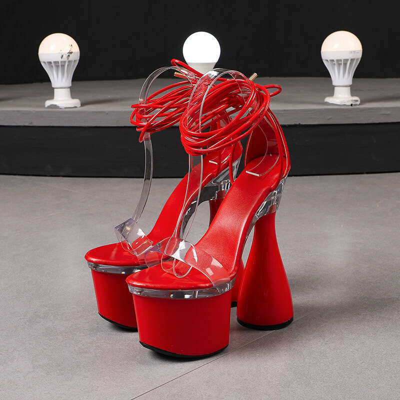 Super High Heels Sexy Strappy Roman Heels 18Cm Catwalk Stage Performance Shoes Extreme High Large Size Chunky Heel Women's Sandals Platform High 