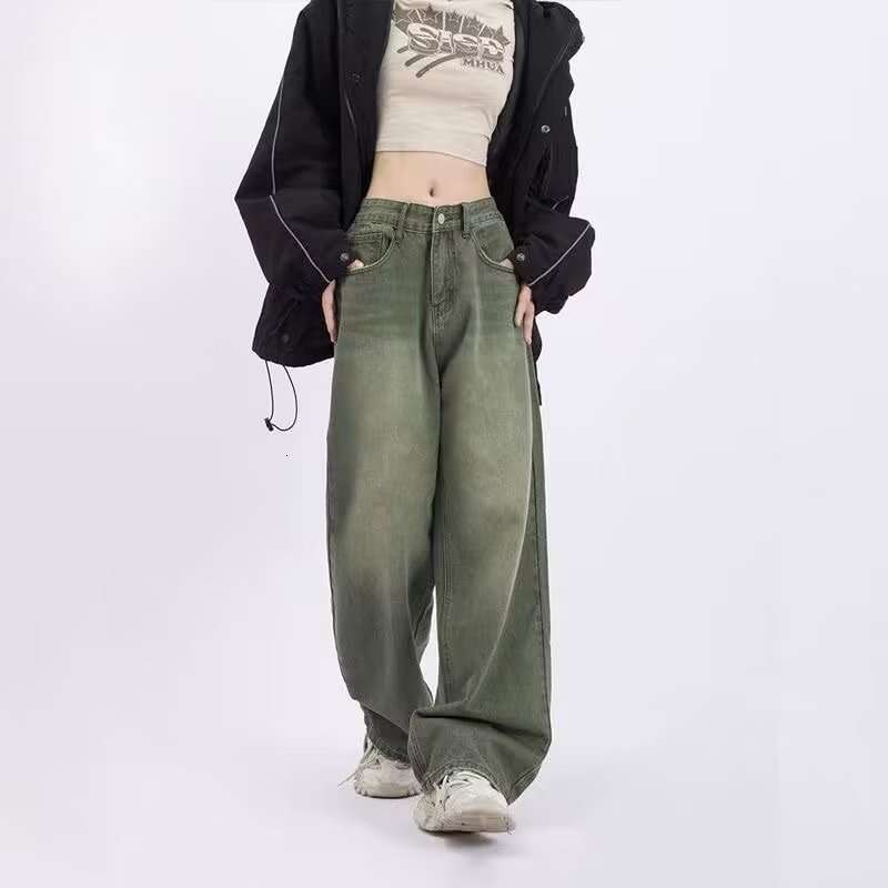 American Style Green Jeans For Women, Autumn Winter Vibe, Straight High Waist, Slimming, Loose Wide Leg, Floor-Length Pants, Trendy B5