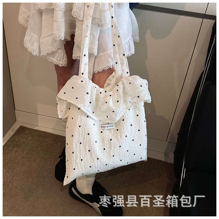 2025 Spring/Summer New Sweet Ruffle Fabric Bag for Women, Casual Lazy Style Student Tote Bag, Versatile Handbag
