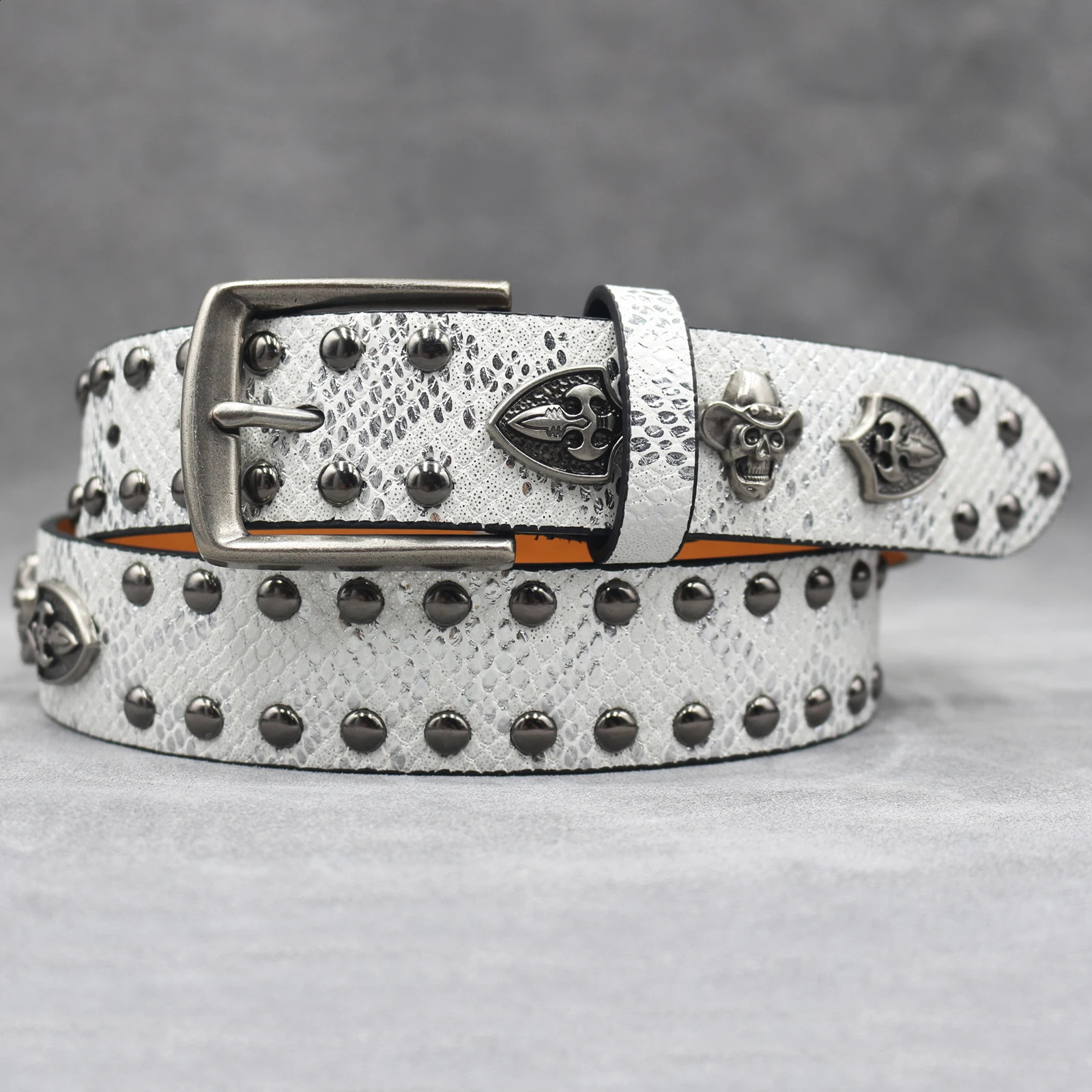 Rivet belt Skull and Trouser Belt Punk Cool Metal Buckle Adjustable Leather Fashion Thin Waistband for Jeans Dress 250526