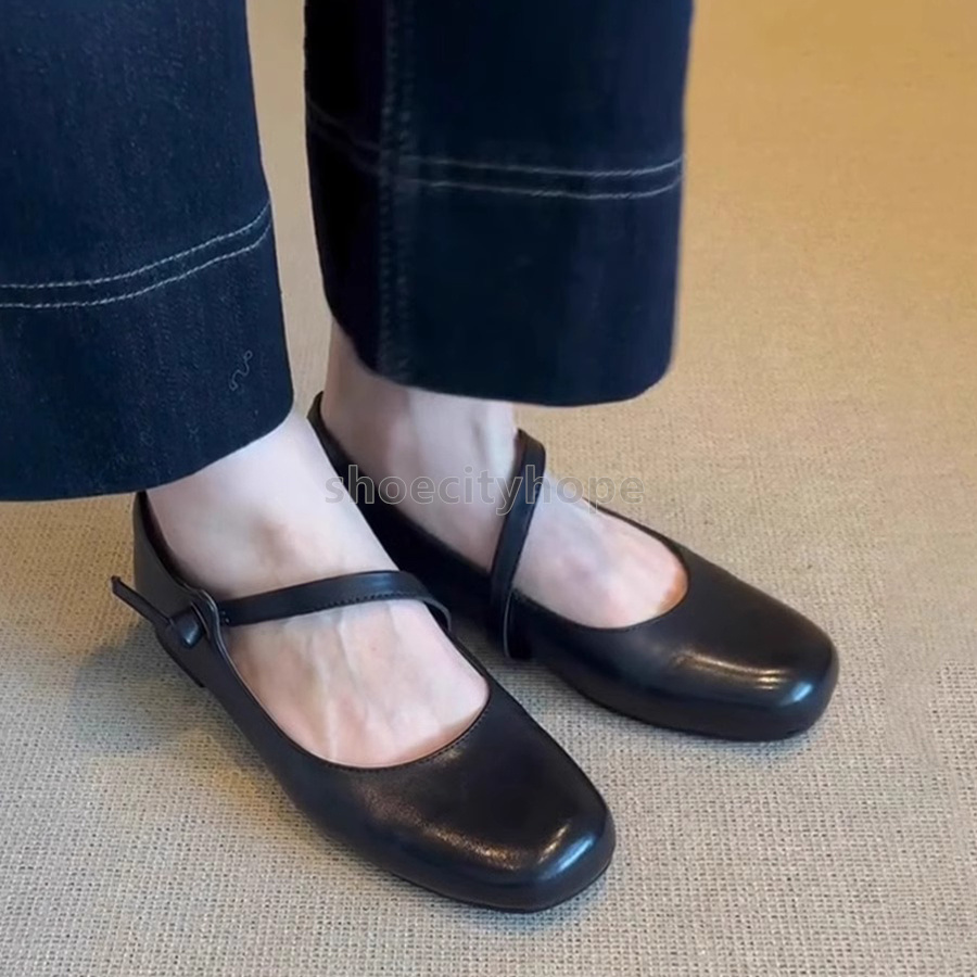 Retro loafers womens ballet flats heel Mary Jane shoes brown black minimalist French round toe single strap Daily Versatile summer slip-on women shoes