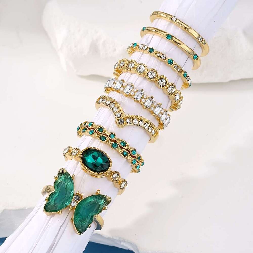 Creative Personality Emerald Butterfly Open Metal Style Stackable Knuckle Ring Set of 9