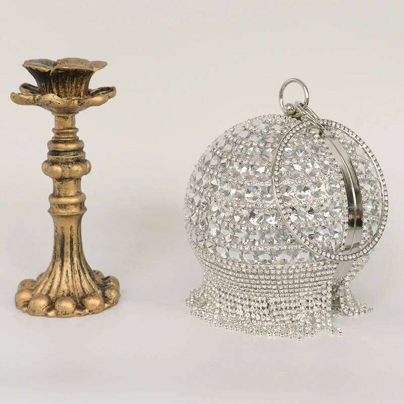 Crystal Tassels Circular Evening Bags Rhinestone Round Ball Handbags Elegant Clutch Purse Small Wedding Wallets