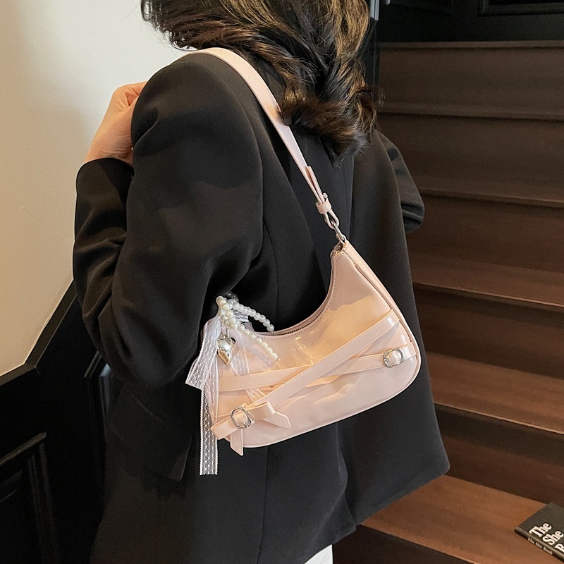 designer Niche Oil Wax Leather Small Bag for Women 2025 New Summer Fashion Lace Bow Underarm Bag Textured Crossbody Bag