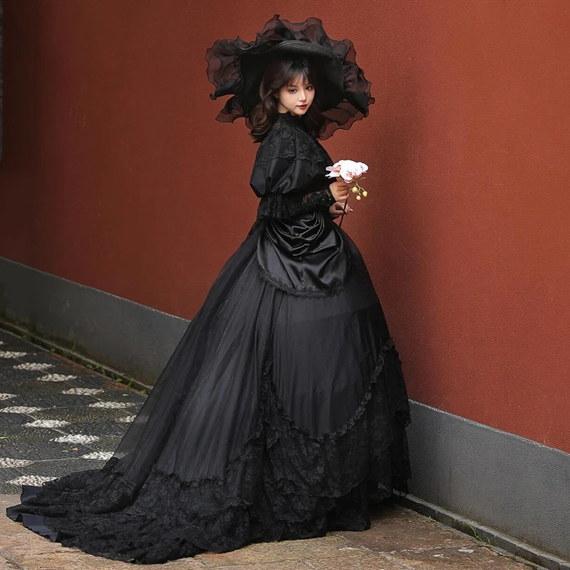 Vintage Princess Black Flower Lace Long Puff Sleeve Ruffles Ball Gown Lace Up Gothic Style Customized Wedding Dress