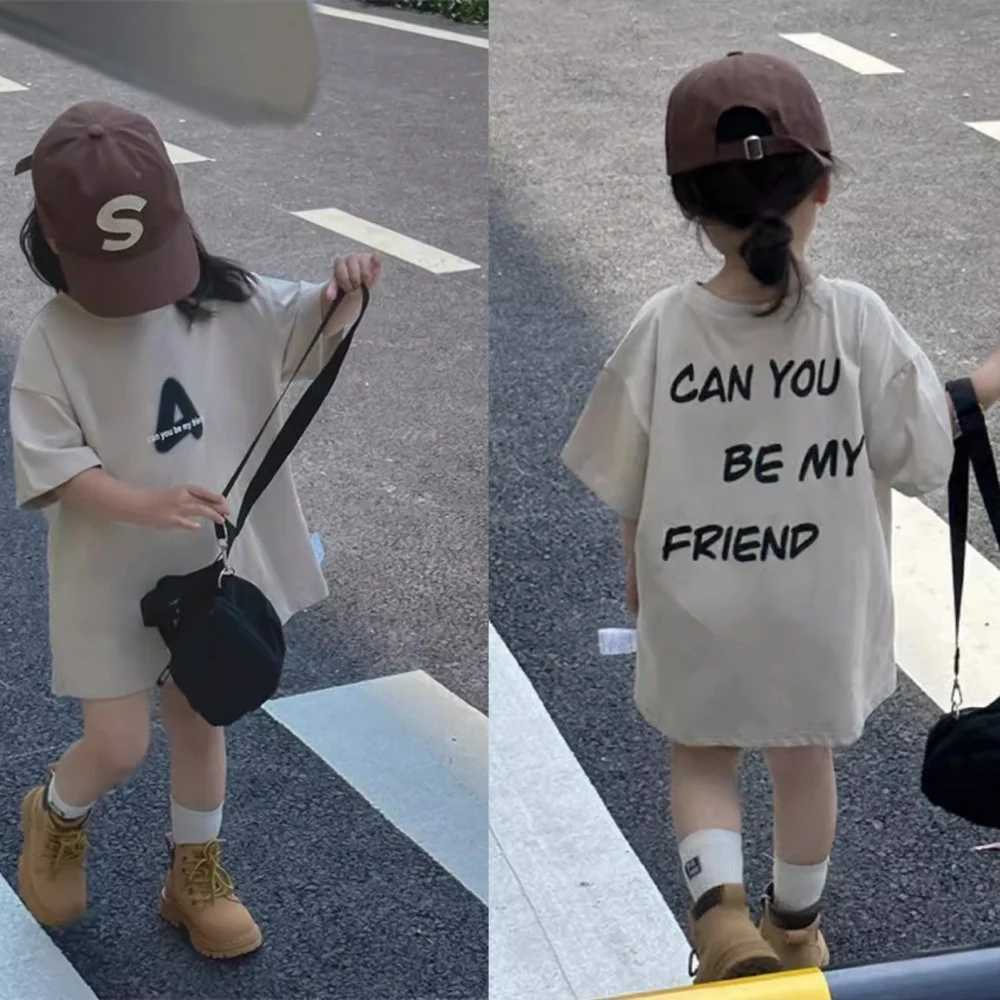 2025 new pure cotton short-sleeved T-shirt for boys and girls cartoon print loose mid-length summer casual breathable top T250603