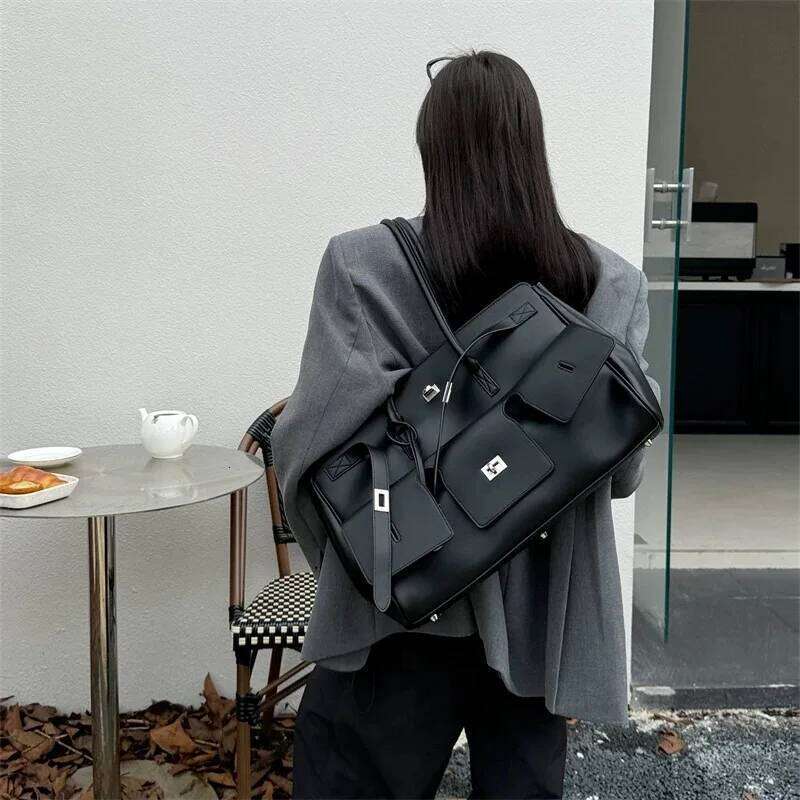 high quality Leather Women's Cool Motorcycle Platinum Square Buckle Simple Versatile Large Capacity Travel Underarm Tote Bag