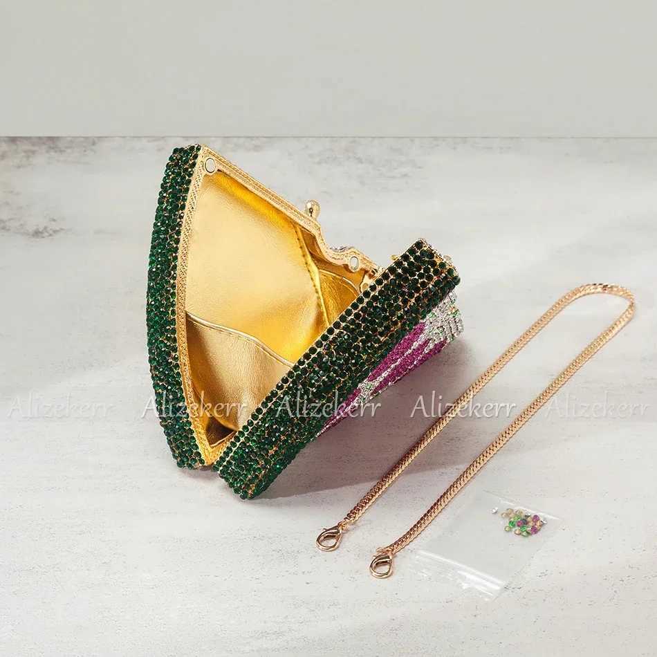 Alizekerr Pizza Shaped Diamond Evening Clutch Bags 2024 New Gorgeous Unique Metallic Watermelon Rhinestone Purses Wedding Party Z250603