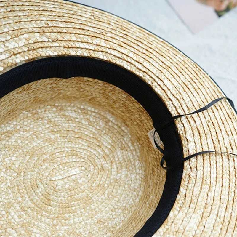 Retro Style Straw Hat Wide Brim Sun Hat Women Summer Boater Hats with Black White Ribbon Band Flat Top Church Derby Travel Hat W250602