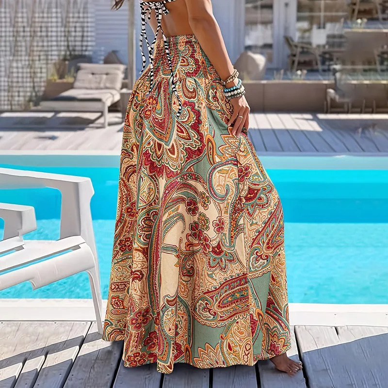 Boho Print Flared Pants Women Retro Elastic Waist Ruffled Loose Flowy Wide Leg Trousers Casual Summer Vacation Beach Pants 250603