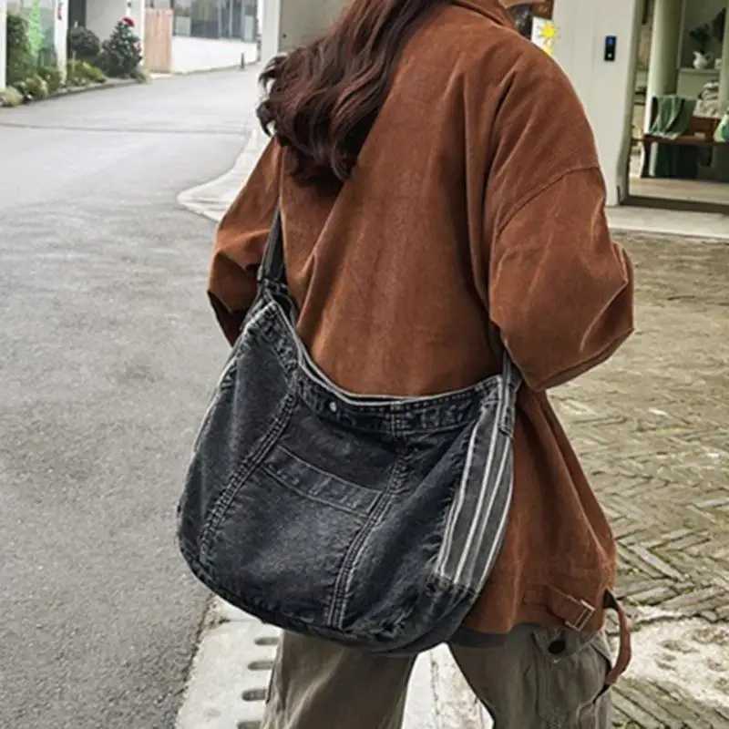 4XFF Vintage Washed Denim Shoulder Bag Large Capacity Jean Crossbody Bag W250602