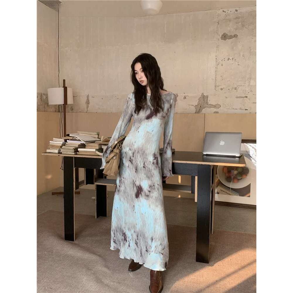 Designer Pleate French Maxi For Women Flare Long Sleeve Swing A Line Dress Fall Clothes