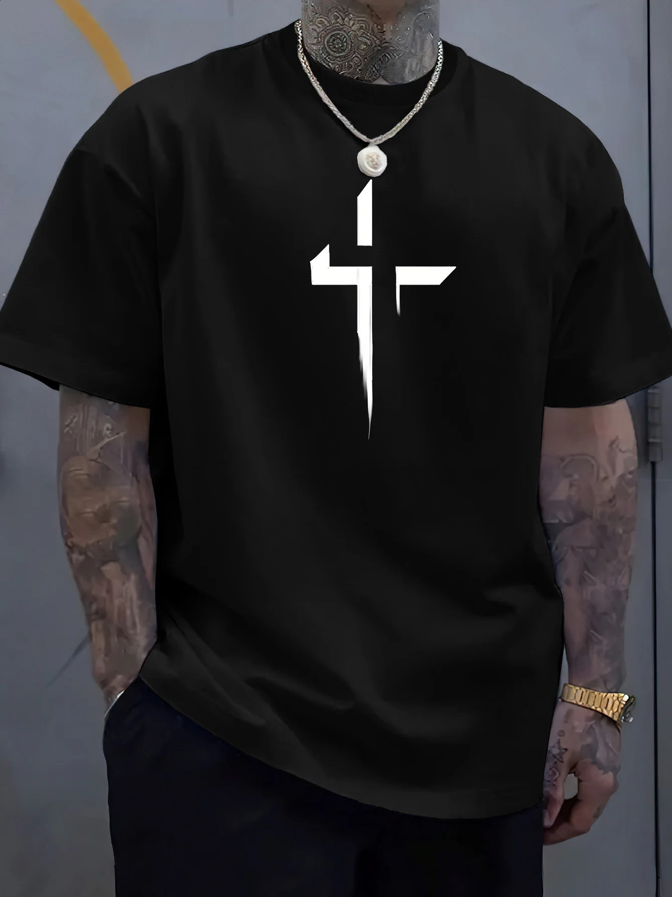 Summer mens 100% pure cotton casual loose plus size Cross Creative printed sports comfortable round neck short sleeved T-shirt 250530