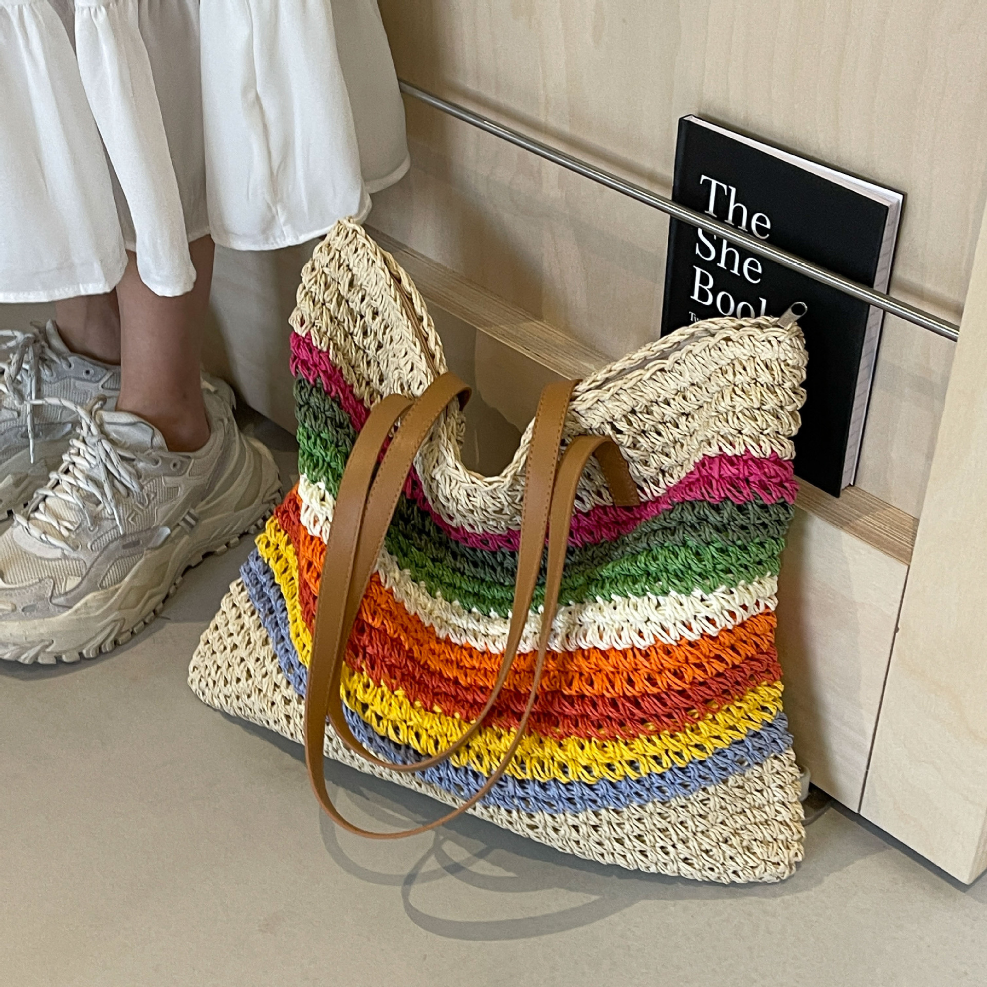 designer Rainbow Striped Straw Bag for Women 2025 New Forest Style Handwoven Beach Bag Seaside Vacation Shoulder Tote Bag