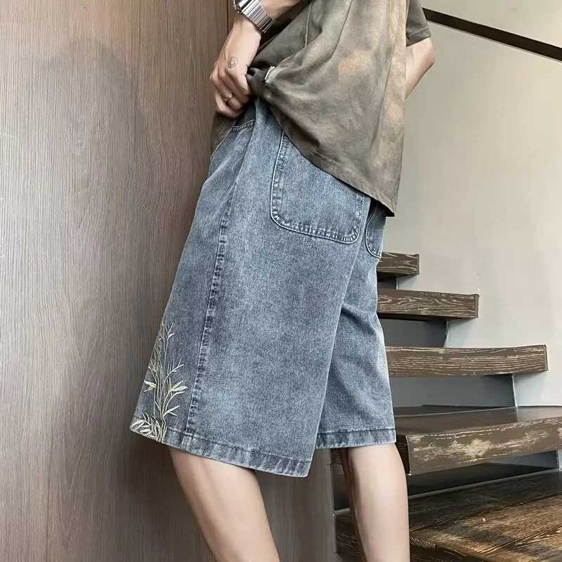 Summer Y2K Baggy Denim Shorts Men New Bamboo Embroidered Short Jeans Pants Vintage Harajuku Hip Hop Streetwear Wide Leg Bermuda T250603