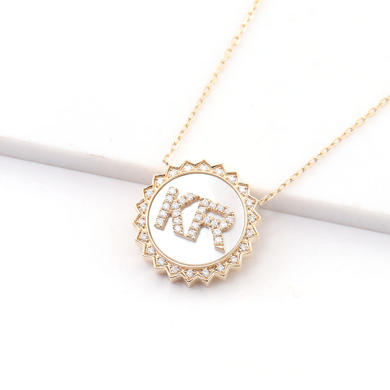 Mother of Pearl Necklace 14mm Coin Shape 14k Soild Gold Moissanite Pendant Custom With DEF VVS Moissanite Diamond
