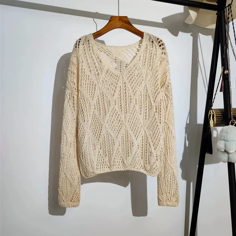 Pullovers Women Pointelle Knit Top Long Sleeve Semi-Sheer Sweater Jumper Spring Summer Fairycore Outfit 250603