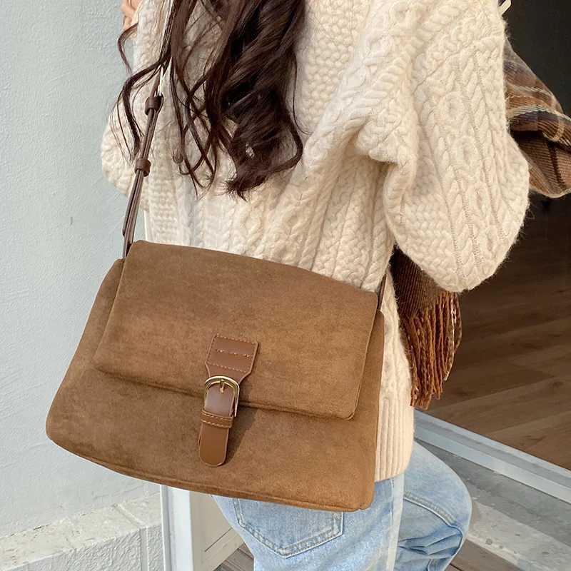 Retro Faux Suede Womens Shoulder Bag Portable Simple Ladies Large Tote Messenger Bags Solid Color Purse Female Book Handbags W250602