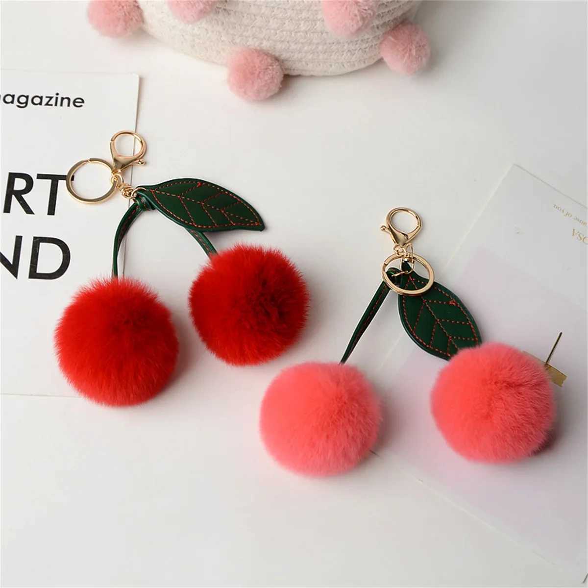 Kawaii Cute Cherry Plush Keychain Fluffy Cartoon Bag Charm Pendant for Girls Women Car Backpack Accessory XJ250602