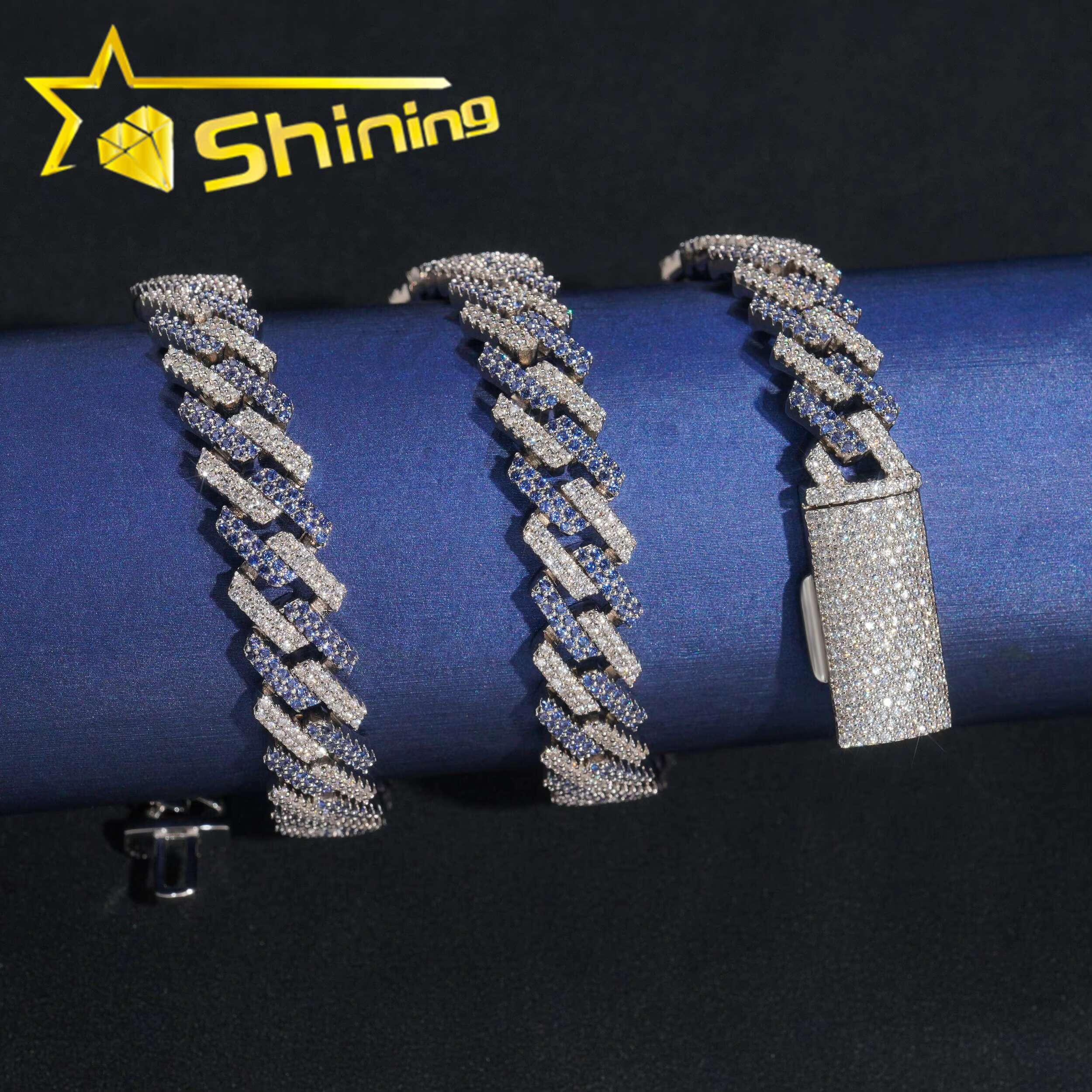 Fine Jewelry Iced Out Hip Hop Chain S925 Gold Plated VVS-FL Moissanite Mixed Synthetic Spinel Blue Fashion Long Chain Necklace