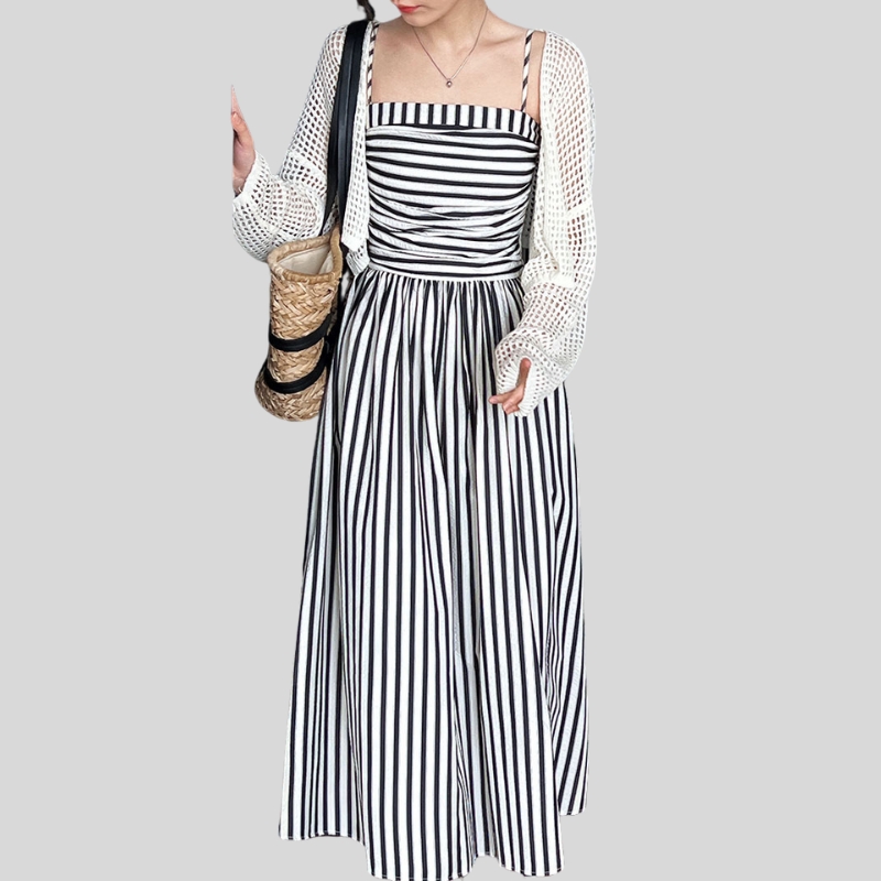 French striped tube top suspender dress for women's high-end off-the-shoulder pleated waist A-word long dress summer