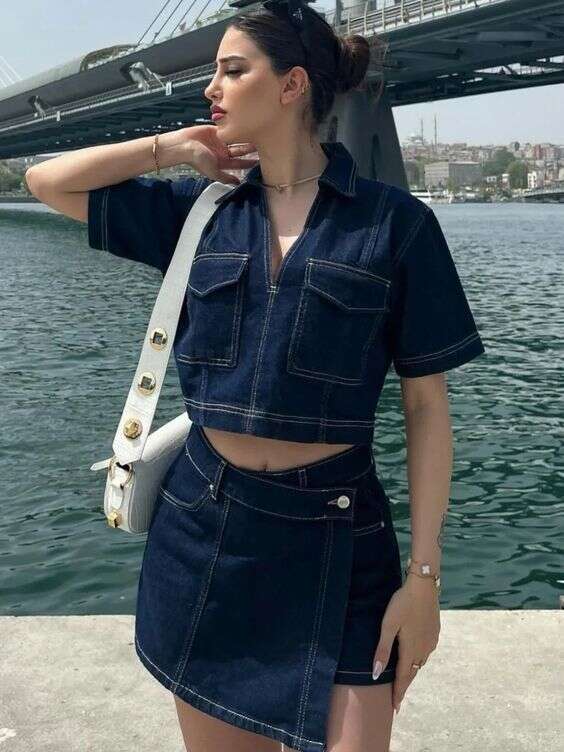Workwear Denim Suit Skirt Pants V-Neck Short Sleeve Top Summer Women Hot Girl High Waist Irregular B5