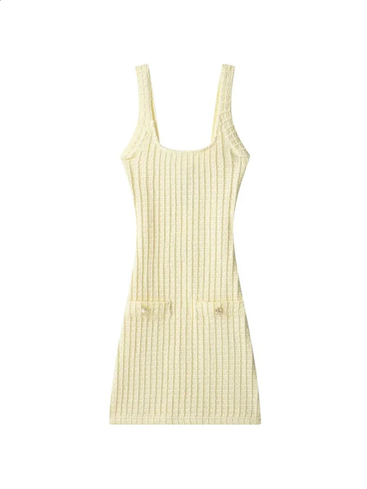Sexy Knitted Tweed Short Dress Women Solid Slim Square Collar Backless Sleeveless Dresses Summer Holiday Beach Robes Lady 250529