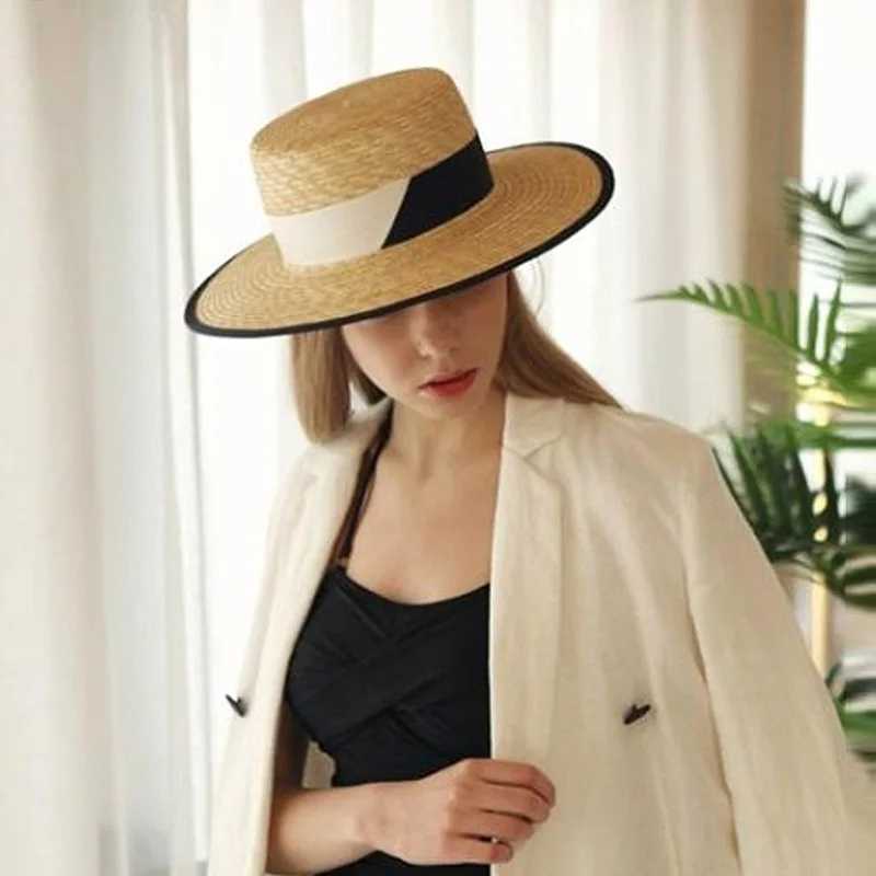 Retro Style Straw Hat Wide Brim Sun Hat Women Summer Boater Hats with Black White Ribbon Band Flat Top Church Derby Travel Hat W250602