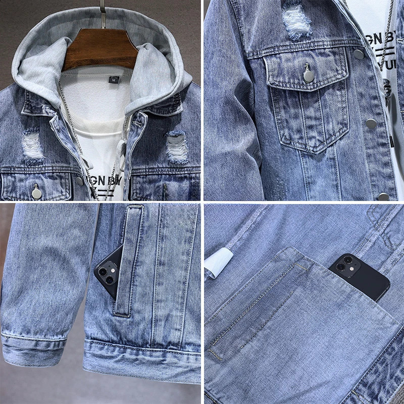 Autumn Mens Clothing Denim Jacket Fashion Hole Hooded Casual Slim Streetwear Male Coat Blue Ripped Jean Jacket 250529
