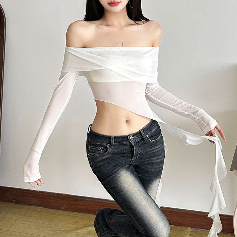 Summer Fashion Trend Women's New Long Sleeve Off-Shoulder Mesh See-Through Crop Top B5