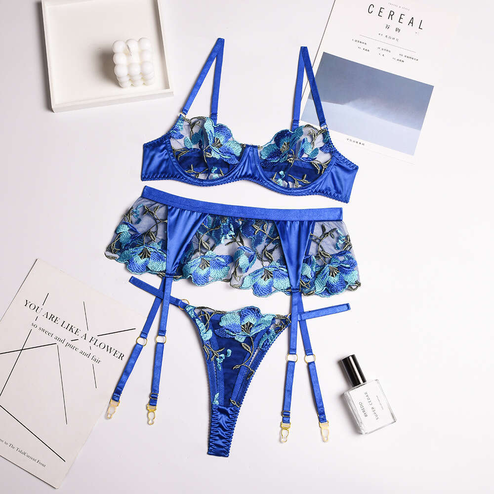 Spell Lingerie Porn Suits INS New Sexy Lingerie Set Floral Embroidery Three Piece With Underwire Saint Blue Goddess Style Sexy Lingerie