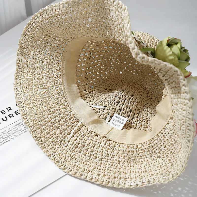 Womens Summer Hat Flower Straw Sun Hat Lady Breathable Sunshade Foldable Seaside Holiday Beach Accessories Korean Style New W250602