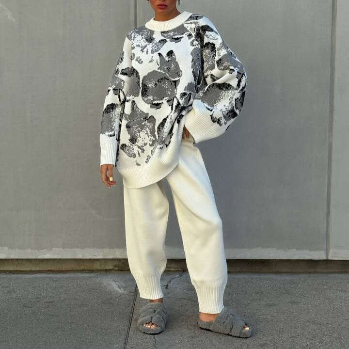 Loose Full Print Sleeve Sweater Women Straight Slim Long Casual Pants Women's Knit Set B5