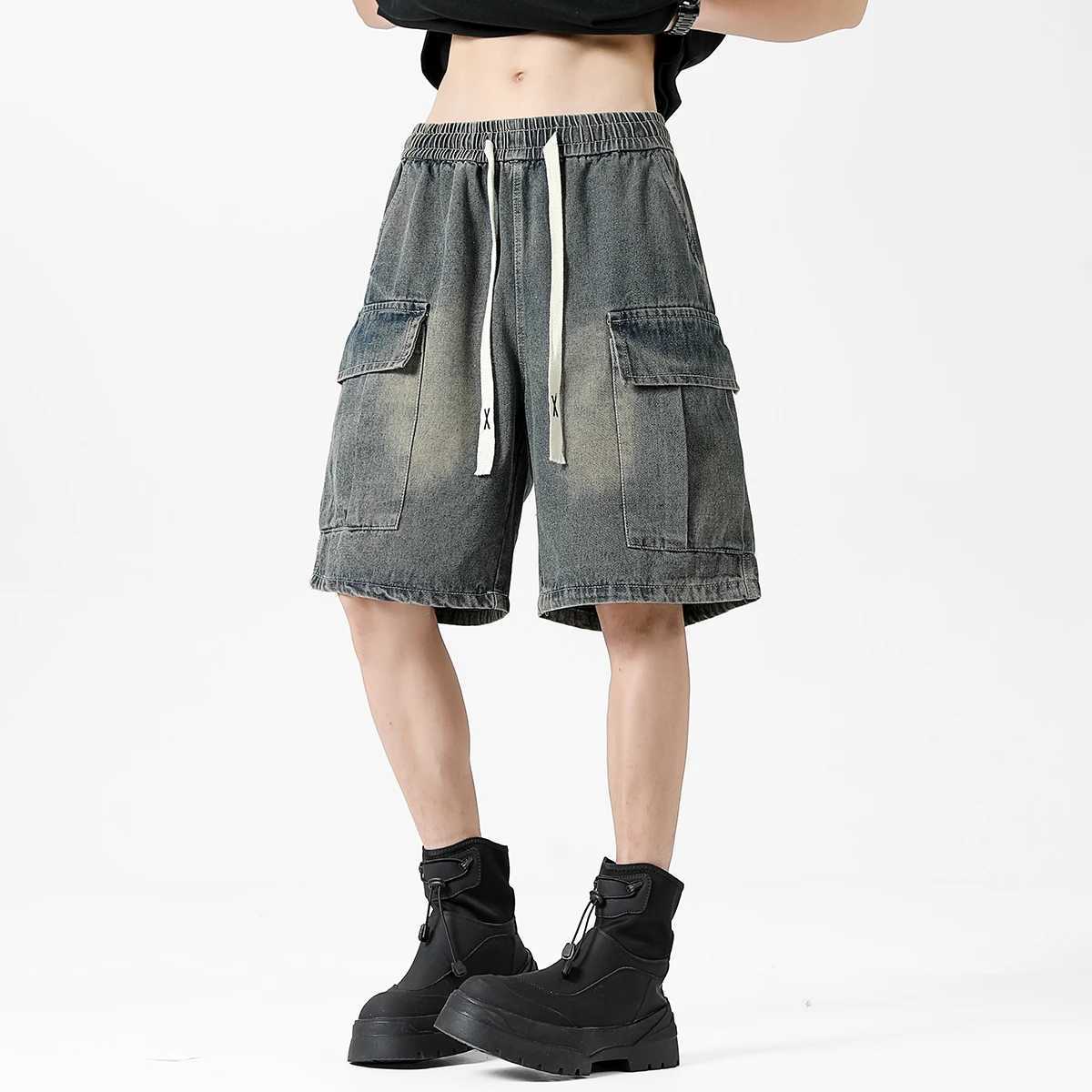 Mens Oversized Denim Shorts Korean Summer Elastic Waist Fashion Baggy Knee-length Cargo Shorts Streetwear Casual Short Jeans T250603