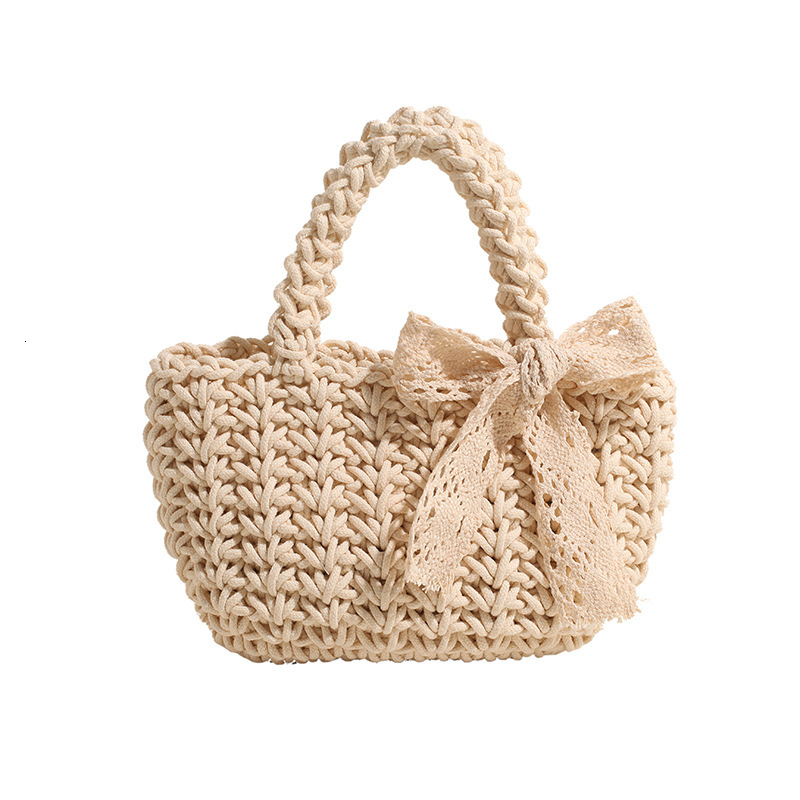 designer Summer Straw Woven Bag for Women, Stylish Bowknot Handheld Bucket Bag, Trendy Fashion Scarf Beach Vacation Woven Bag