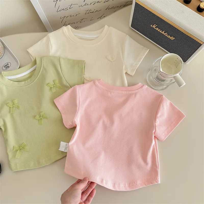 New Summer Cute Girls Short Sleeve T-shirt with Bow Ribbon Stylish Girl Toddler Simple Casual Childrens Clothing Thin Tops T250603