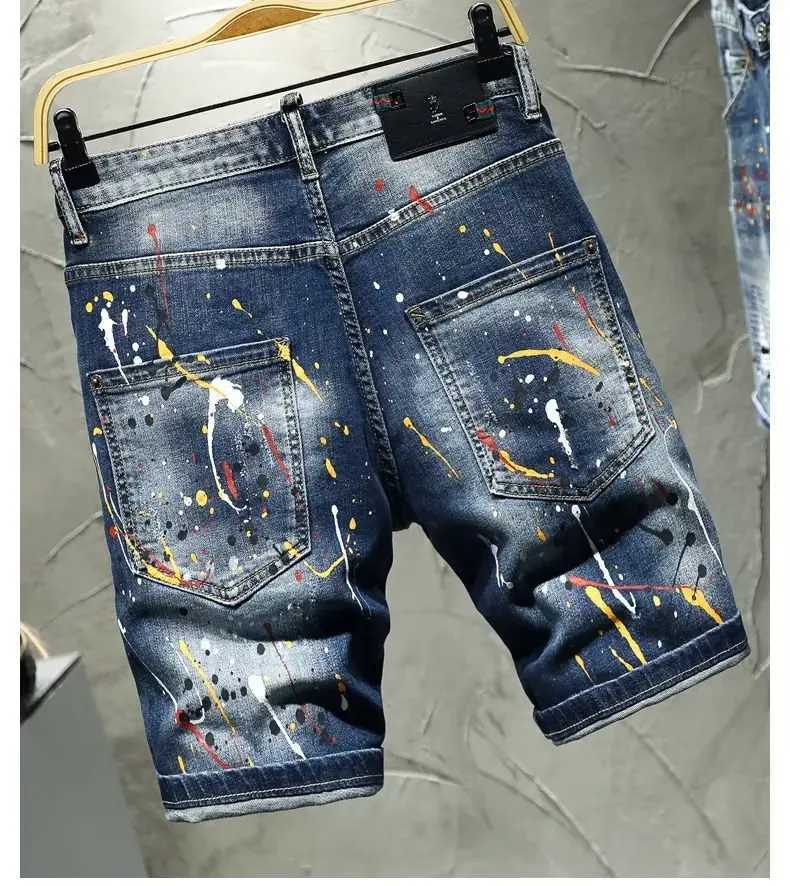 Fashion Luxury Brand Korean Streetwear Ink Dot Hand-decorated Mens Jeans Y2K Vintage Slim Ripped Jorts Distressed Denim Shorts T250603